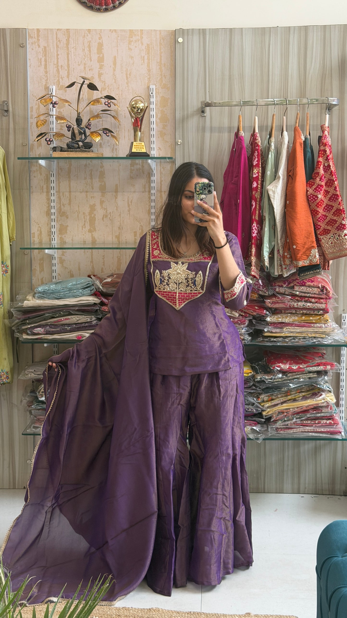 A touch of royalty, a hint of tradition. This Purple Tissue Indo-Western is designed to make every celebration unforgettable. ✨
