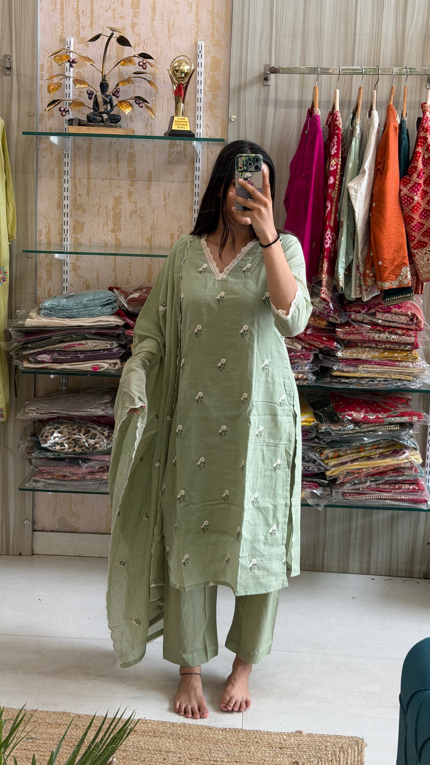 Step into everyday comfort with this soothing pastel green cotton suit set
