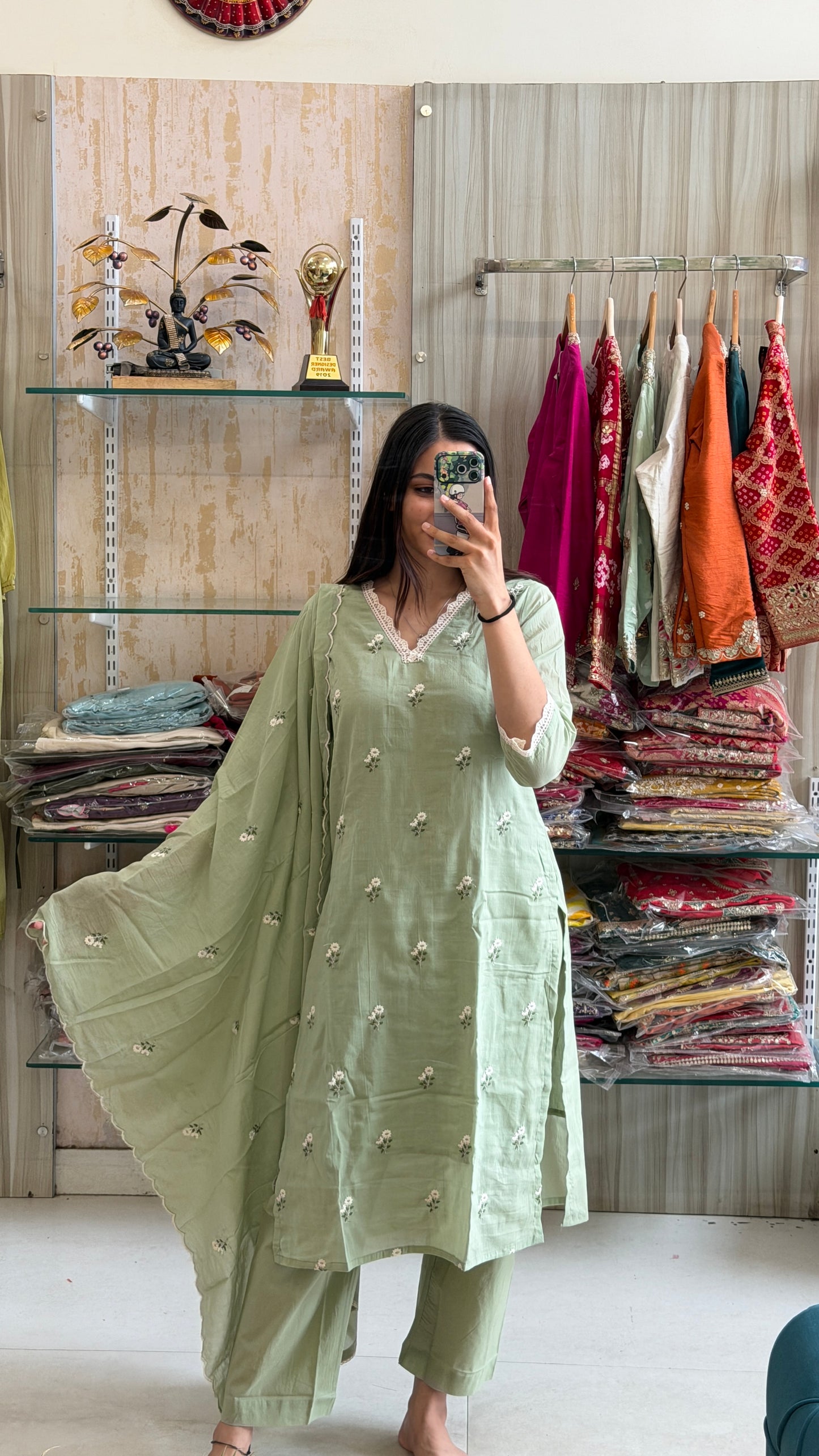Step into everyday comfort with this soothing pastel green cotton suit set