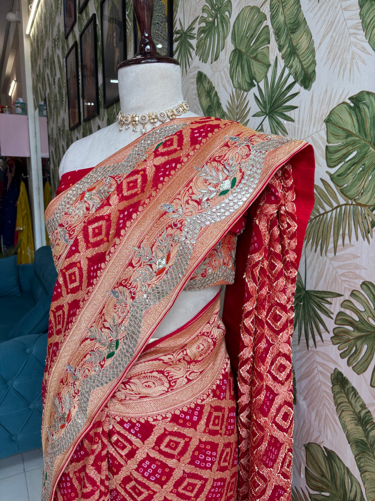 Timeless elegance in every weave. Red Kaddi Zari Gota Patti Saree crafted to make every celebration unforgettable.