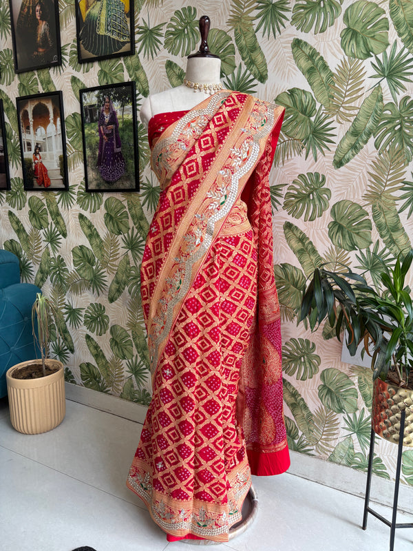 Timeless elegance in every weave. Red Kaddi Zari Gota Patti Saree crafted to make every celebration unforgettable.