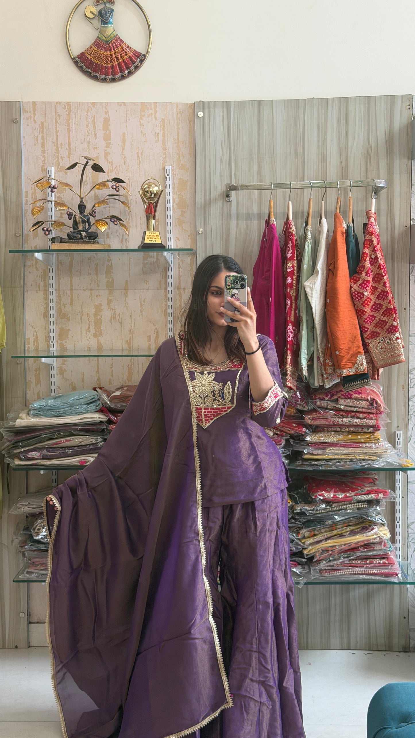 A touch of royalty, a hint of tradition. This Purple Tissue Indo-Western is designed to make every celebration unforgettable. ✨