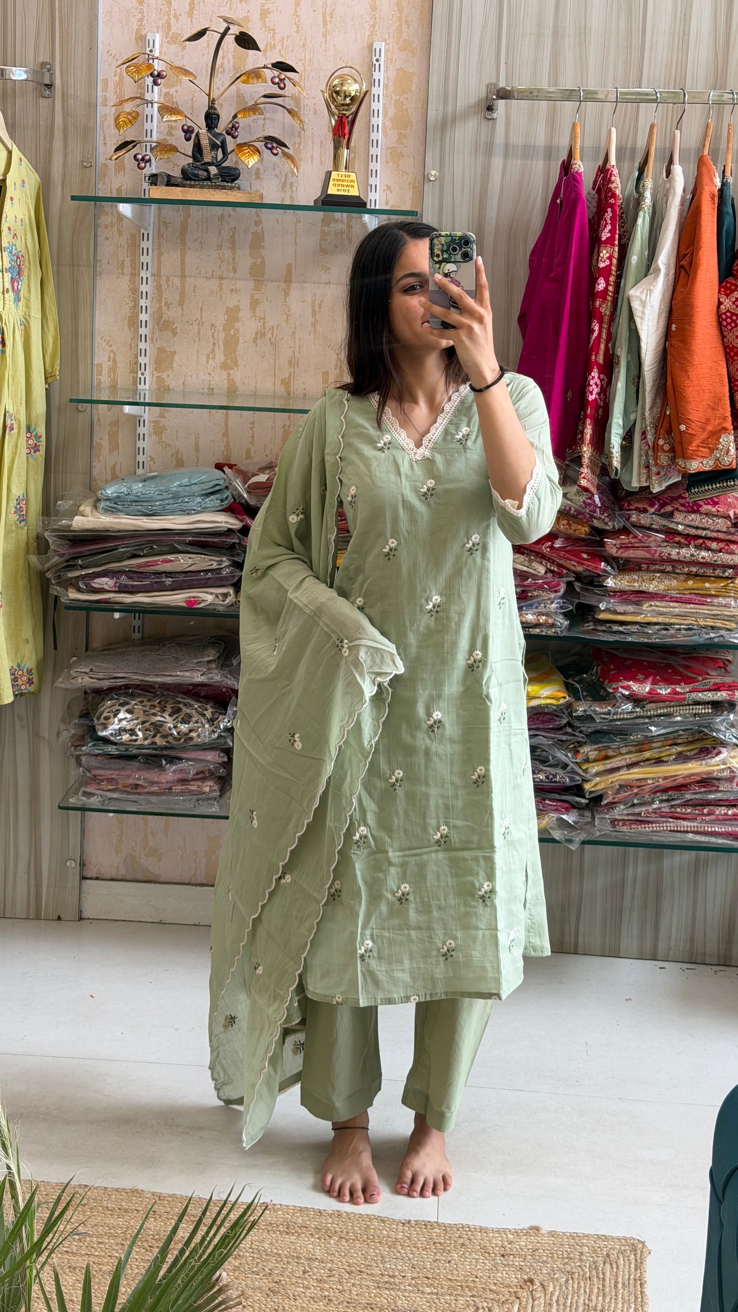 Step into everyday comfort with this soothing pastel green cotton suit set