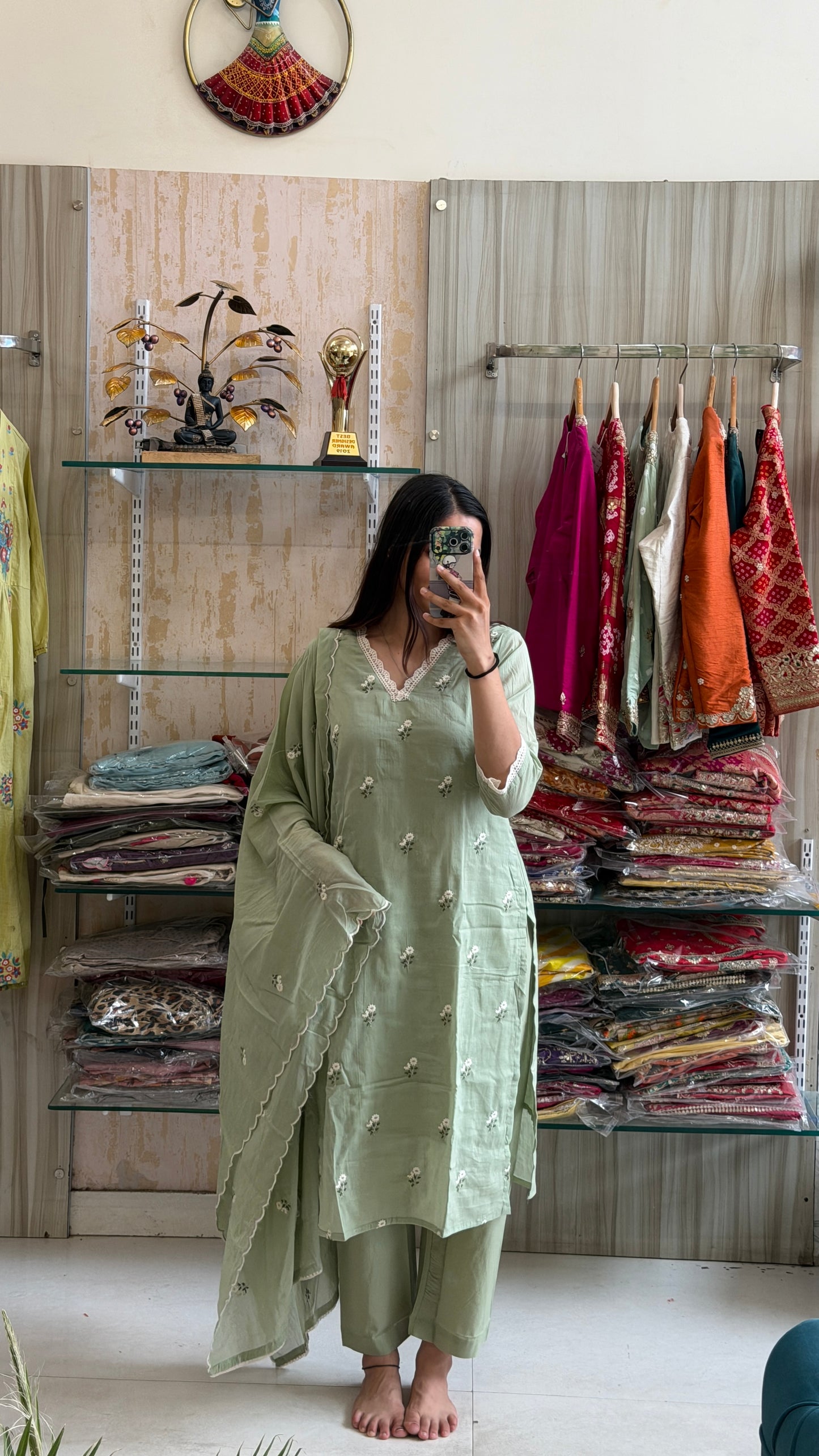 Step into everyday comfort with this soothing pastel green cotton suit set