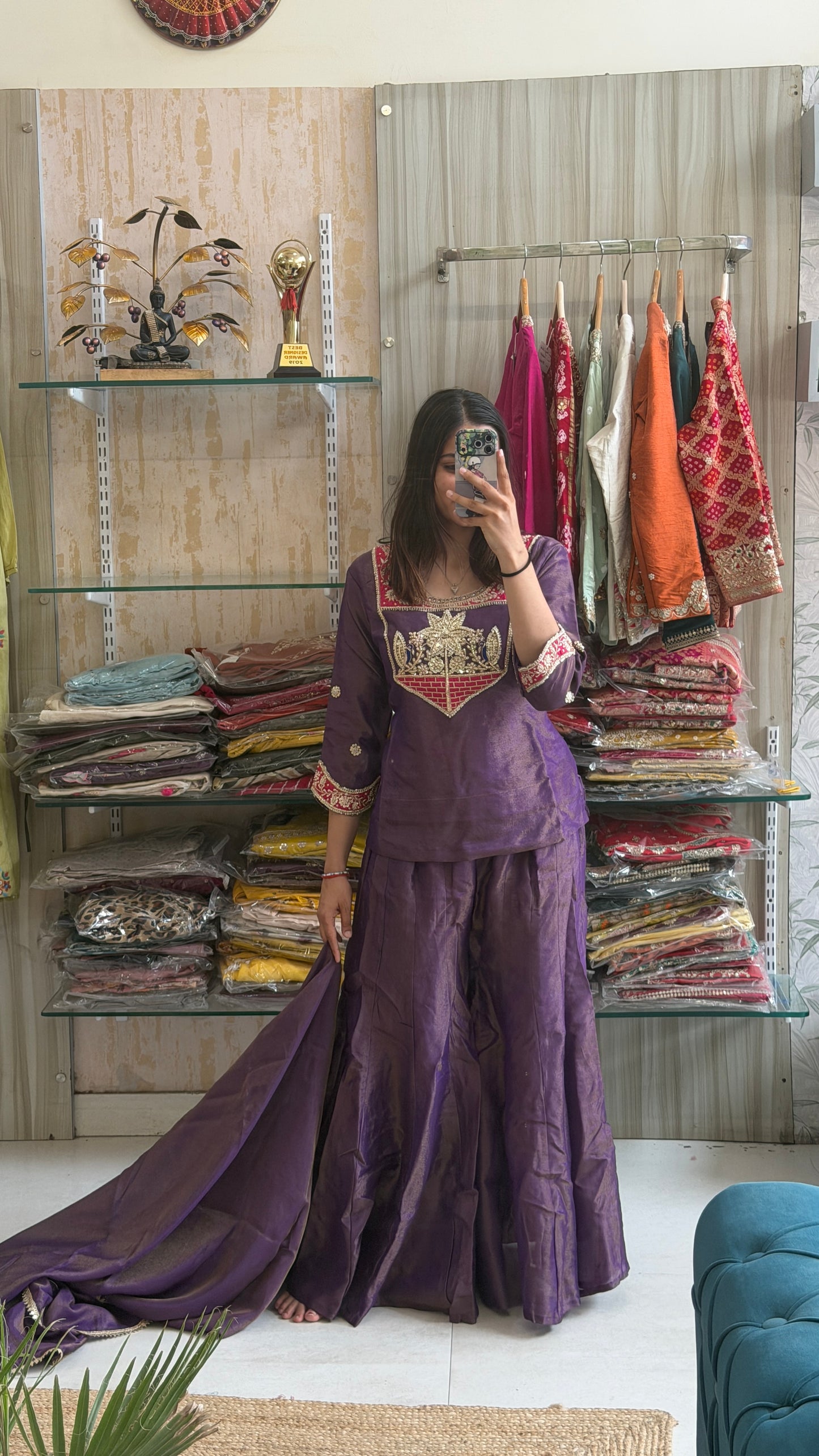 A touch of royalty, a hint of tradition. This Purple Tissue Indo-Western is designed to make every celebration unforgettable. ✨