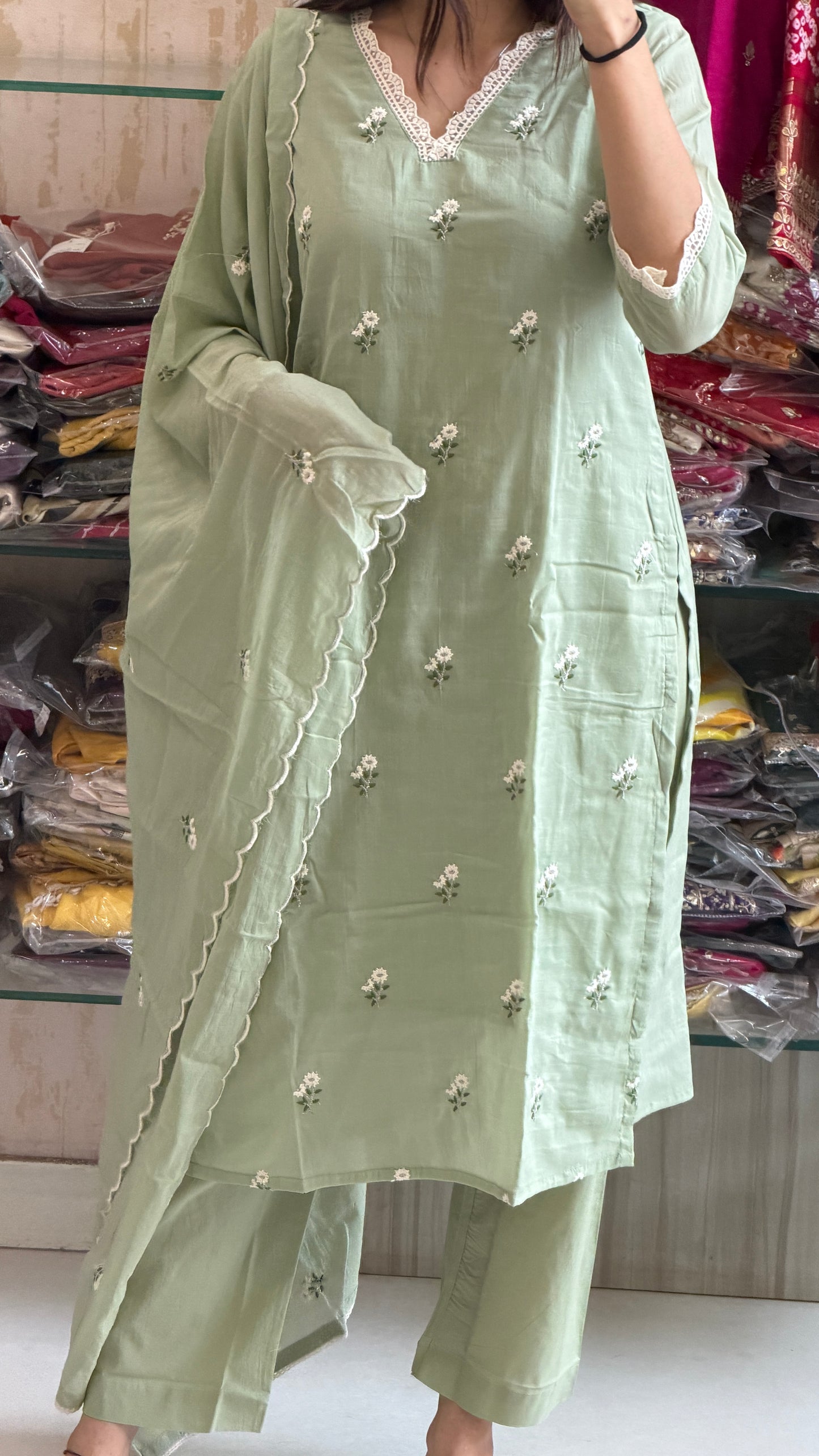 Step into everyday comfort with this soothing pastel green cotton suit set