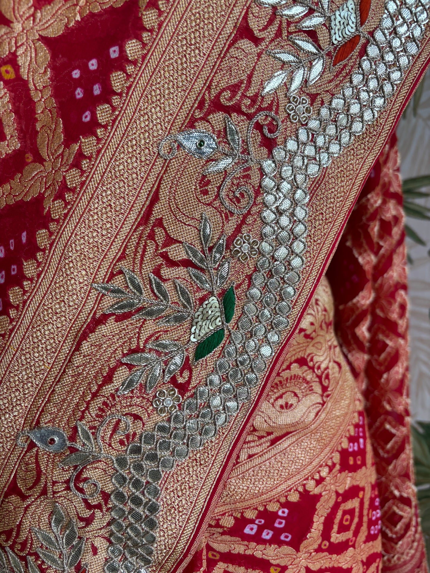 Timeless elegance in every weave. Red Kaddi Zari Gota Patti Saree crafted to make every celebration unforgettable.