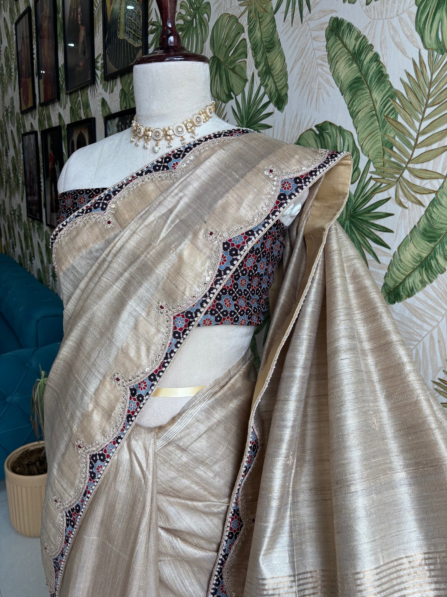 Where timeless Tusser Silk meets the artistry of Ajrakh — elegance redefined.