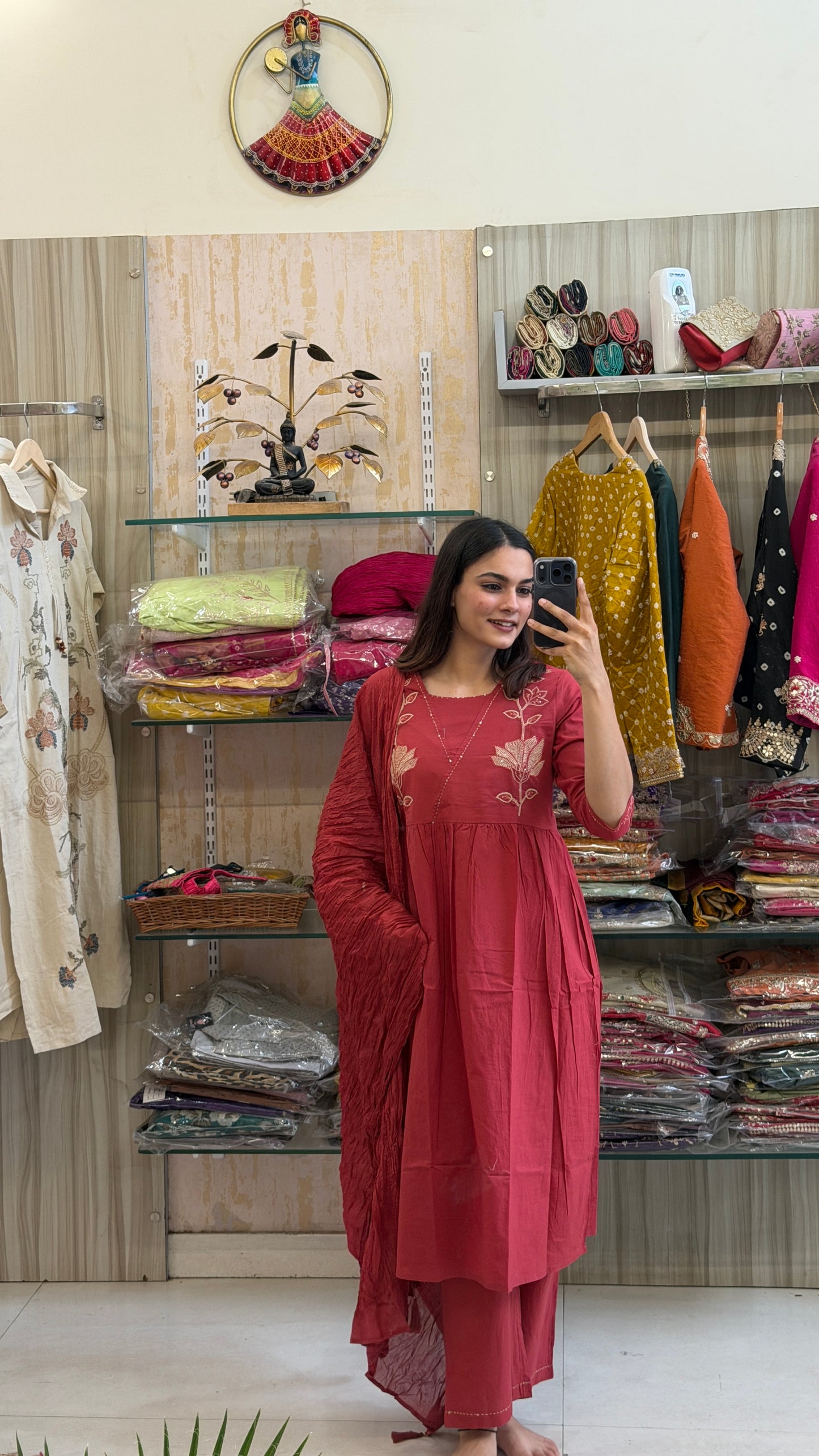 Red Cotton Embroidered Suit Set