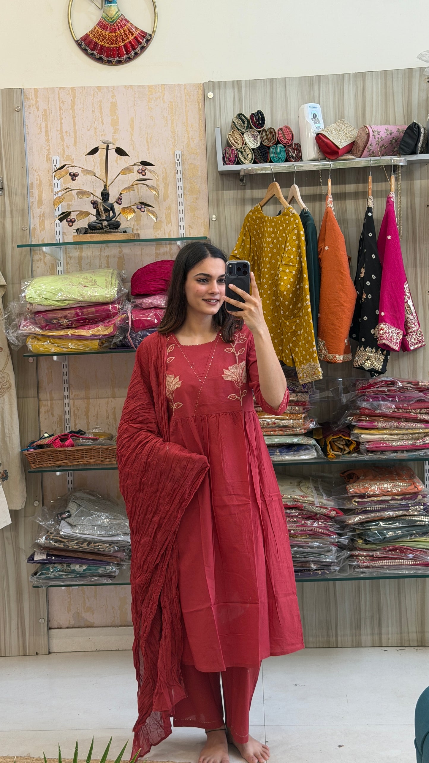 Red Cotton Embroidered Suit Set