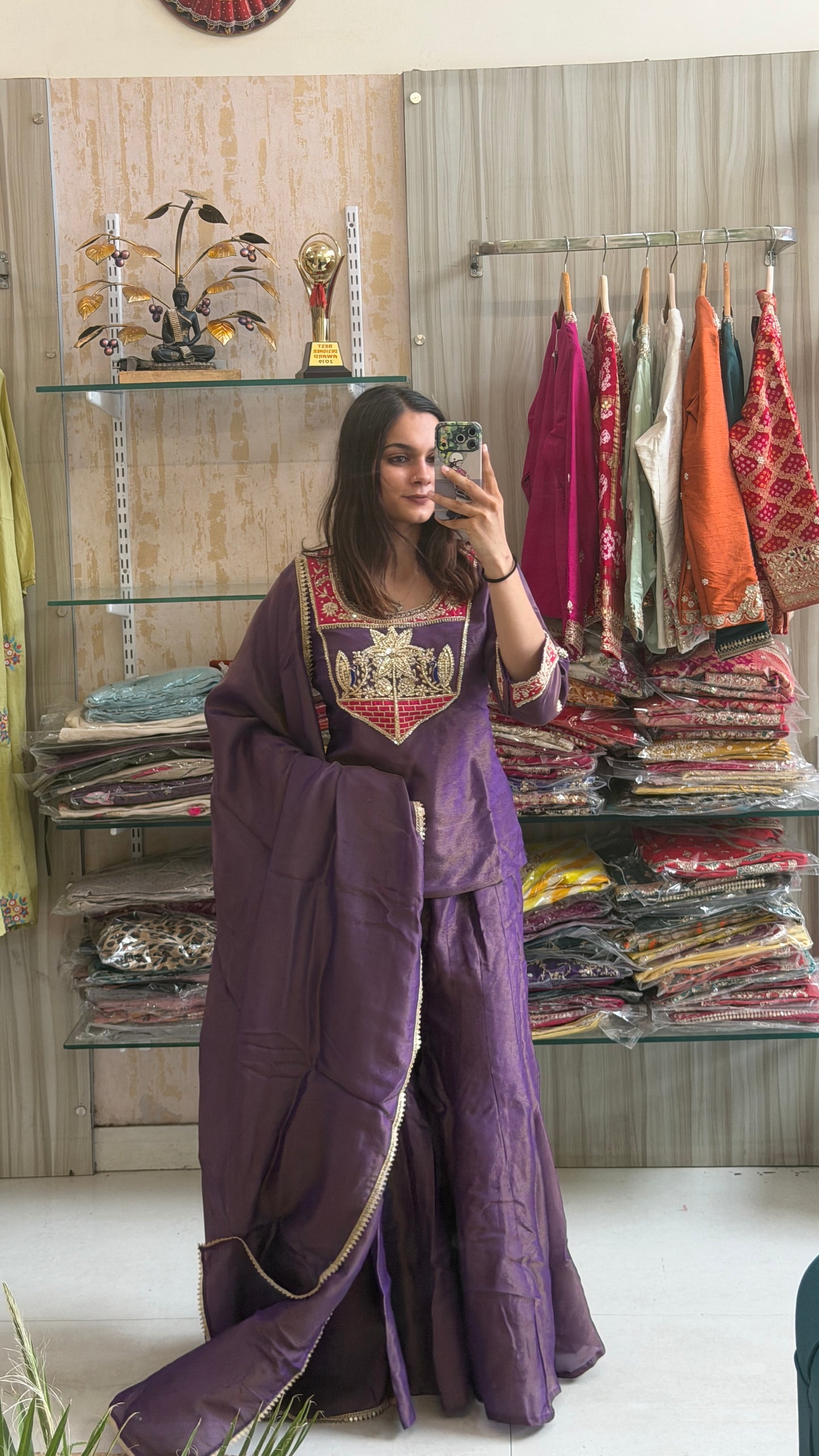 A touch of royalty, a hint of tradition. This Purple Tissue Indo-Western is designed to make every celebration unforgettable. ✨