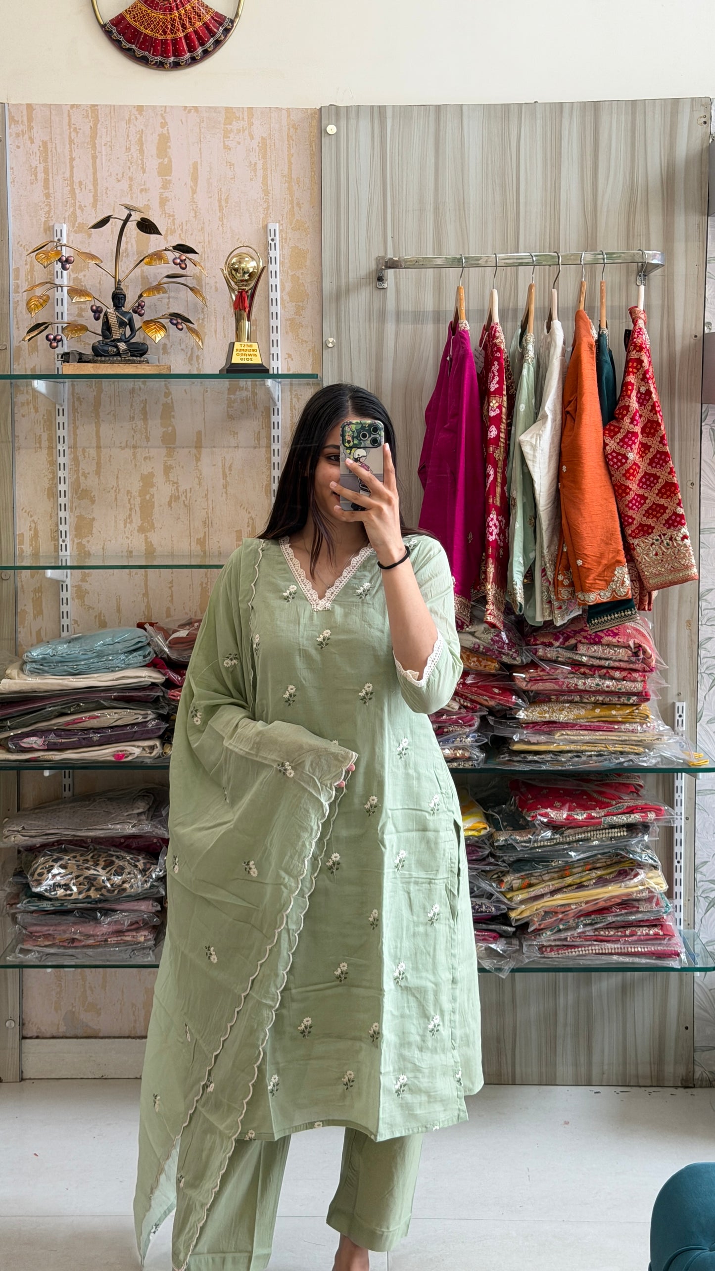 Step into everyday comfort with this soothing pastel green cotton suit set