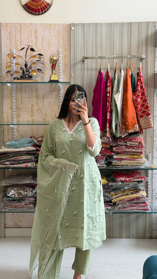 Step into everyday comfort with this soothing pastel green cotton suit set