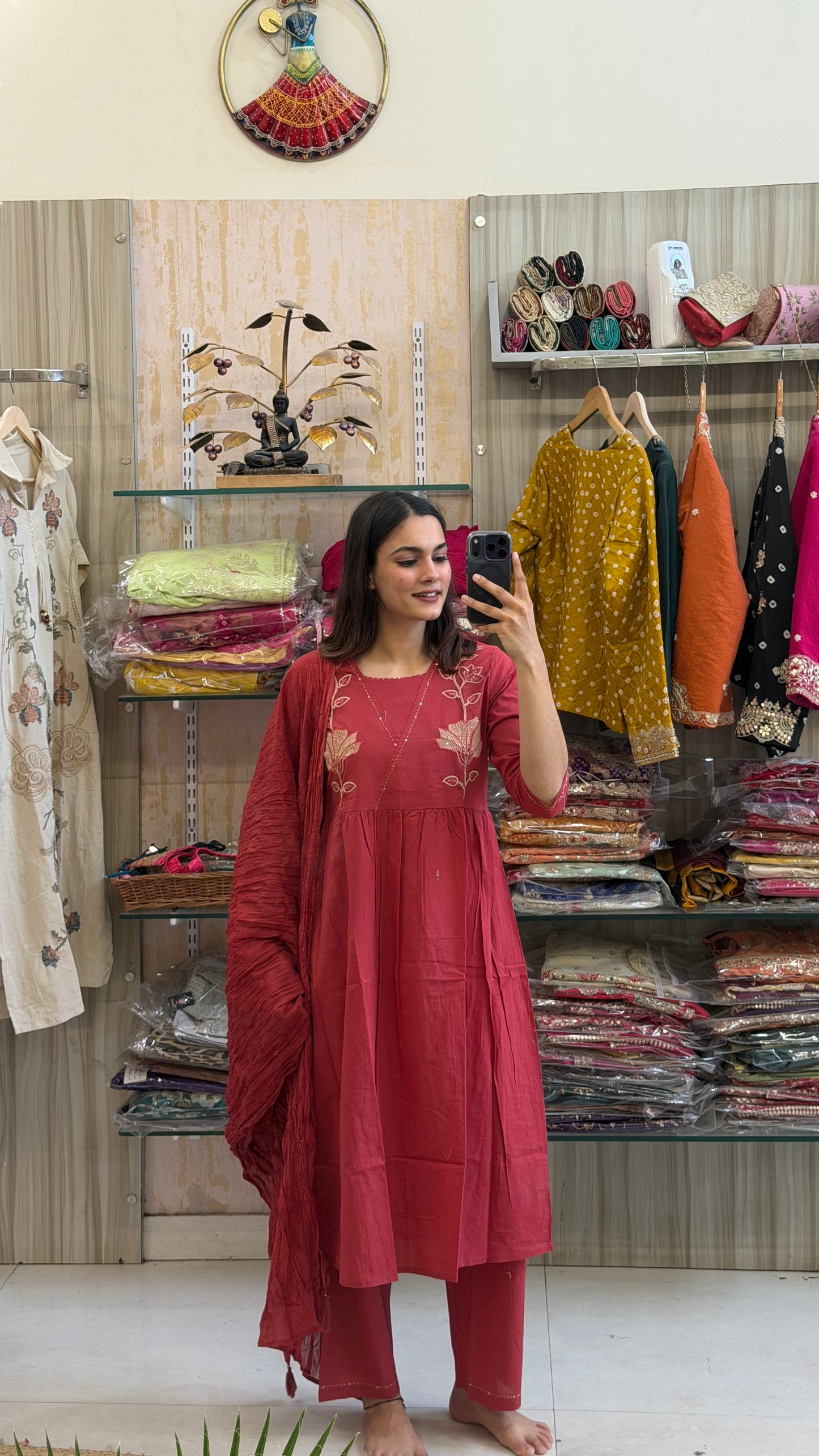 Red Cotton Embroidered Suit Set