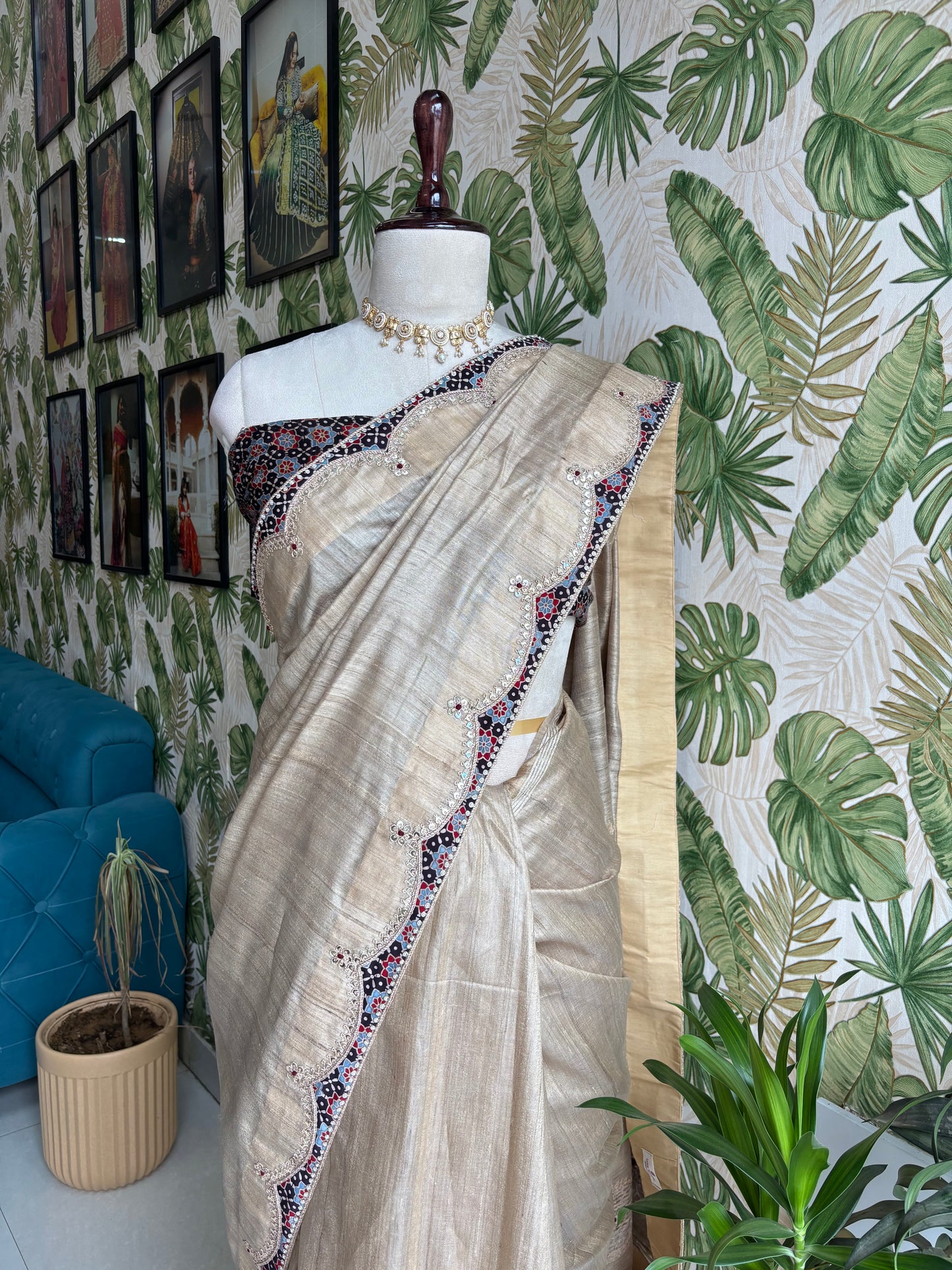 Where timeless Tusser Silk meets the artistry of Ajrakh — elegance redefined.
