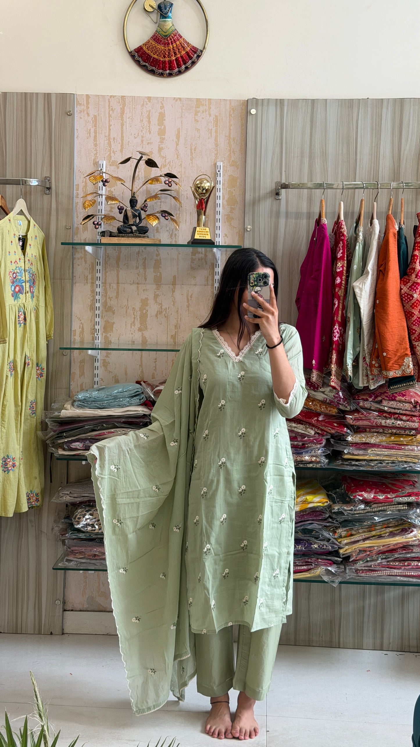 Step into everyday comfort with this soothing pastel green cotton suit set